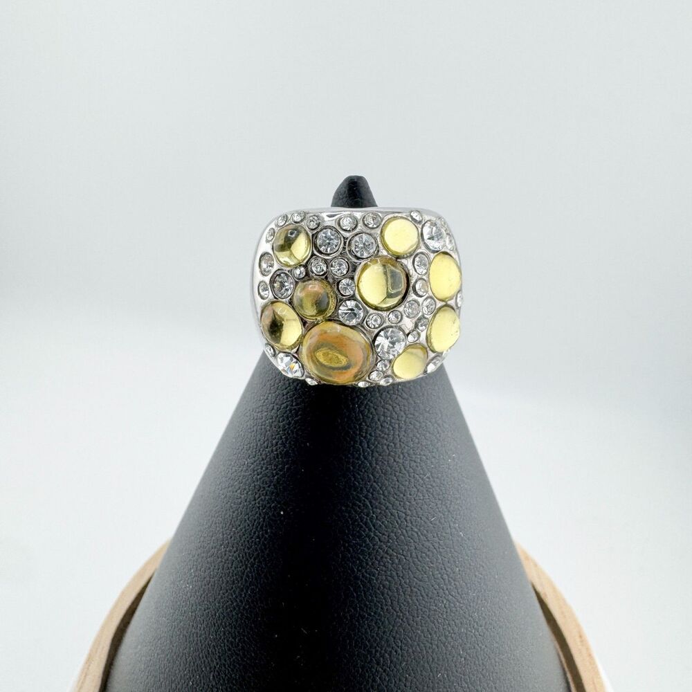 Lia Sophia Bubble Yellow Ring Dome Pavé Cocktail Silver Tone Statement 7.25